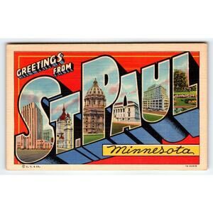 Greetings From St. Paul Minnesota Large Letter Postcard Linen Vintage Curt Teich